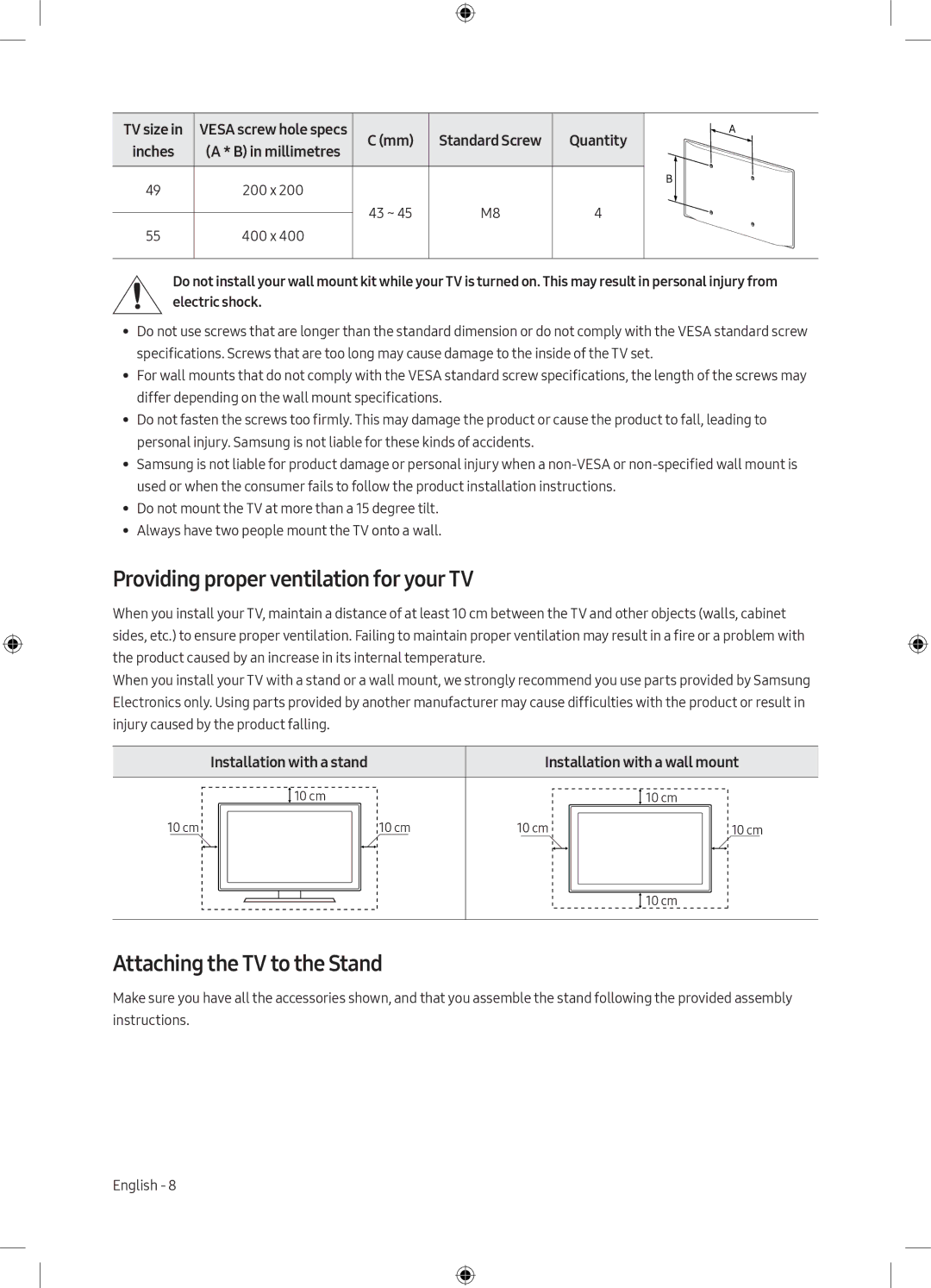 Samsung UE49M6300AWXXN, UE55M6300AWXXN manual Providing proper ventilation for your TV, Attaching the TV to the Stand 