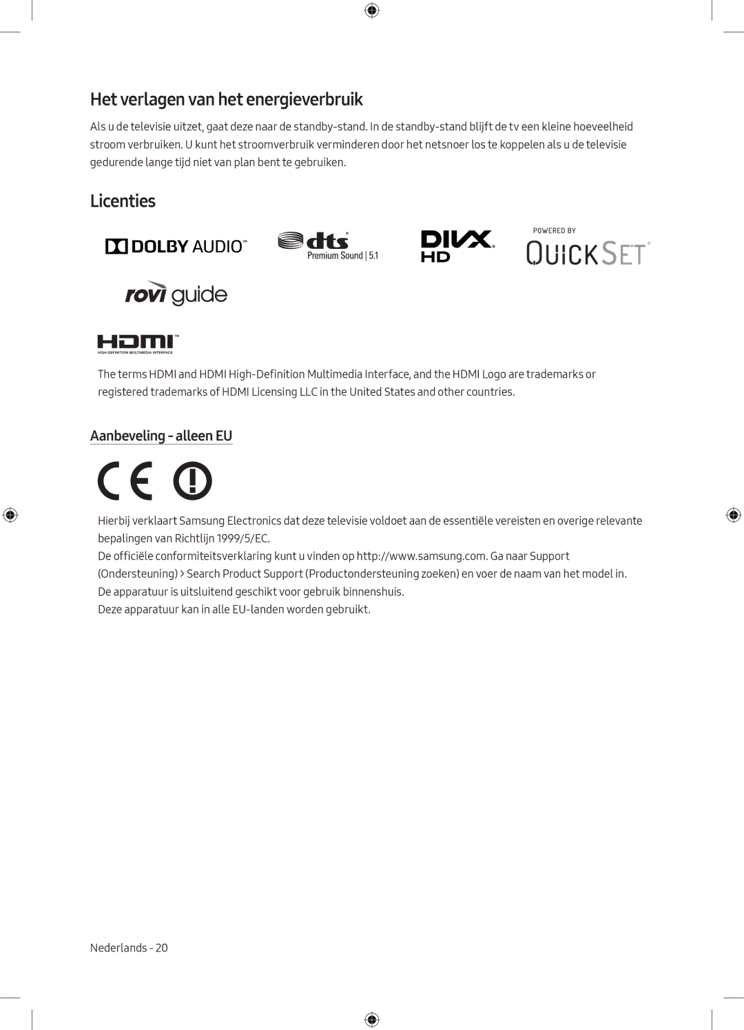 Samsung UE49M6300AWXXN, UE55M6300AWXXN manual Het verlagen van het energieverbruik, Licenties, Aanbeveling alleen EU 