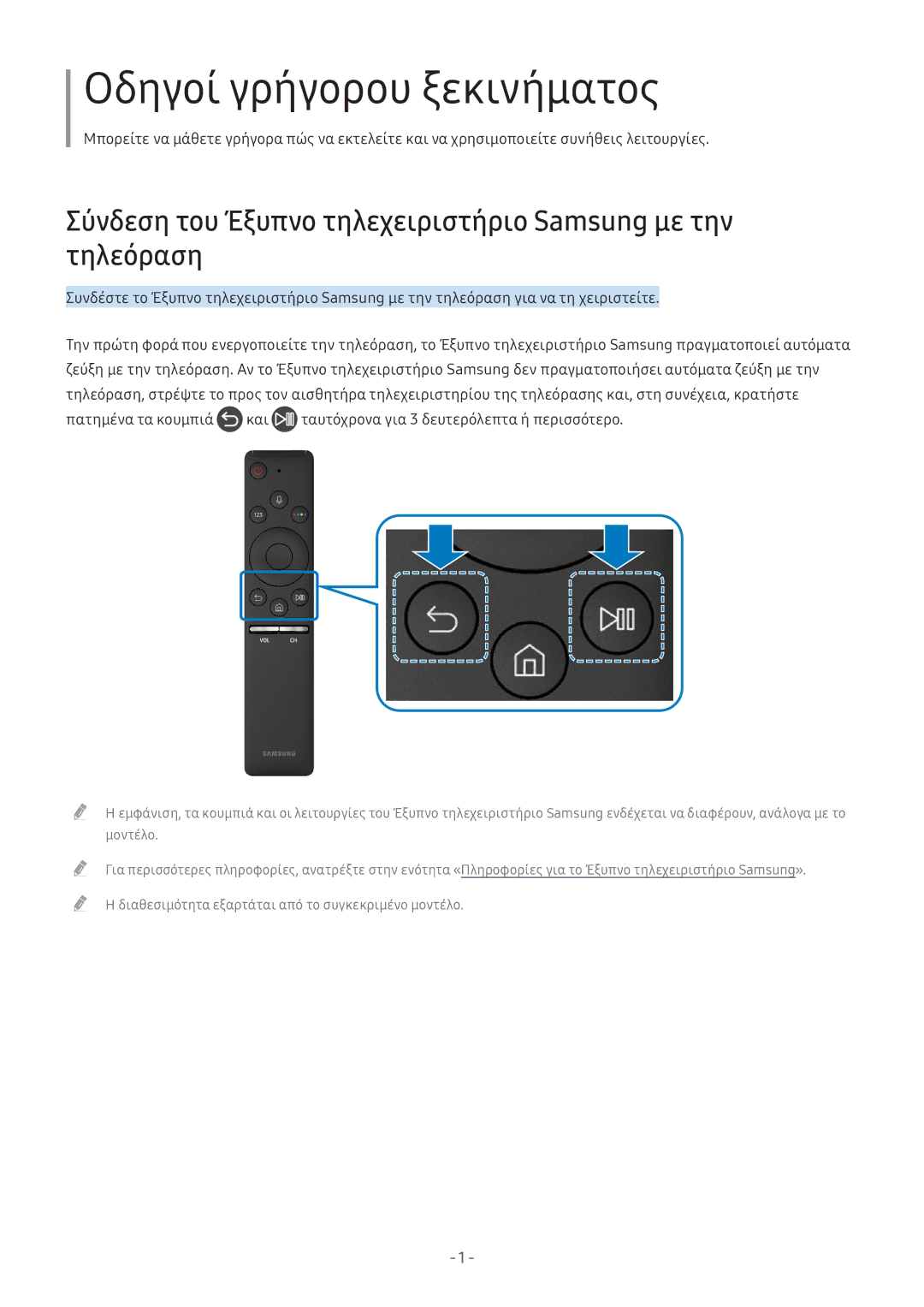 Samsung UE49M5522AKXXH manual Οδηγοί γρήγορου ξεκινήματος, Σύνδεση του Έξυπνο τηλεχειριστήριο Samsung με την τηλεόραση 