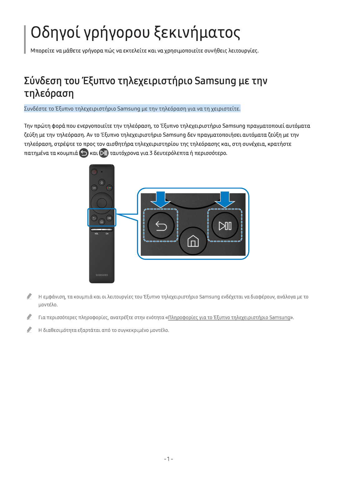 Samsung UE49M5522AKXXH manual Οδηγοί γρήγορου ξεκινήματος, Σύνδεση του Έξυπνο τηλεχειριστήριο Samsung με την τηλεόραση 