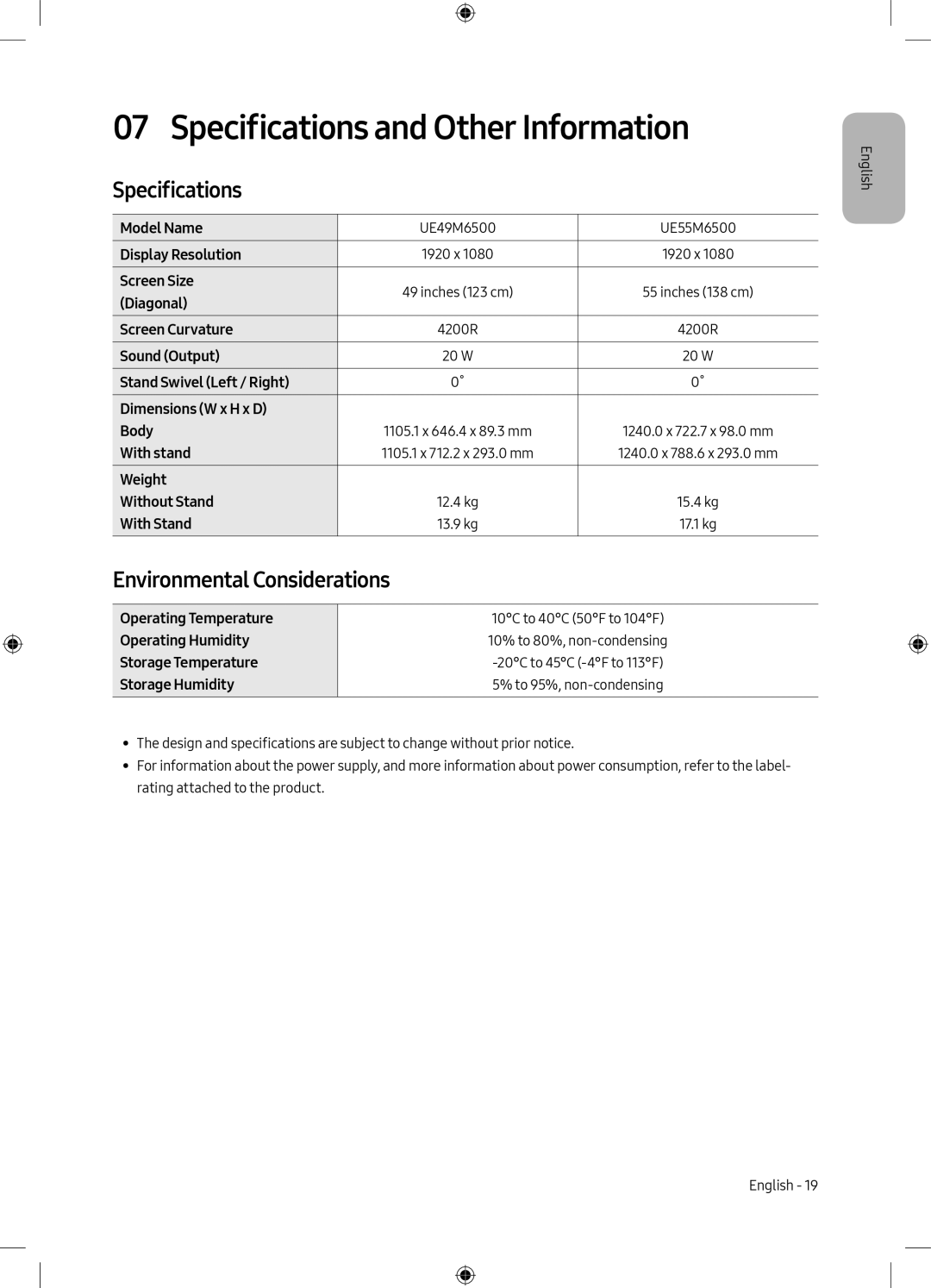 Samsung UE49M6500AUXMI, UE49M6500AUXSQ manual Specifications and Other Information, Environmental Considerations 