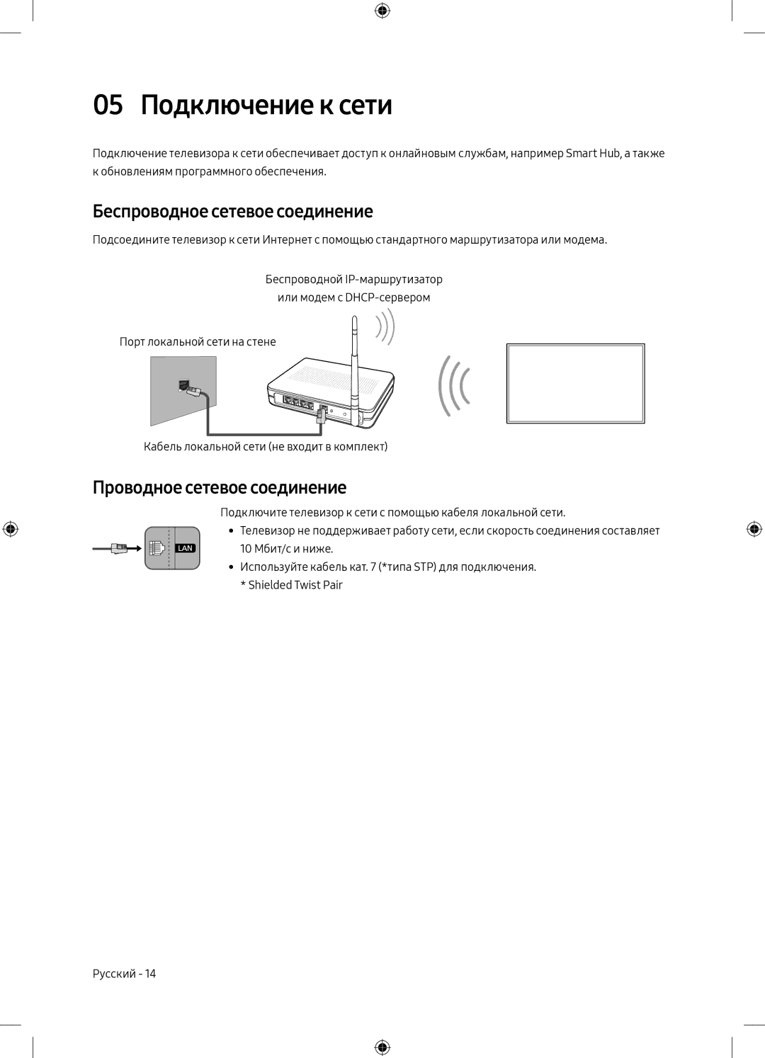 Samsung UE49M6500AUXRU manual 05 Подключение к сети, Беспроводное сетевое соединение, Проводное сетевое соединение 