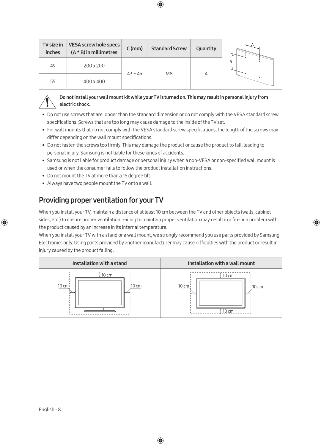 Samsung UE49M6500AUXRU, UE49M6550AUXRU, UE55M6500AUXRU manual Providing proper ventilation for your TV, Mm Standard Screw 