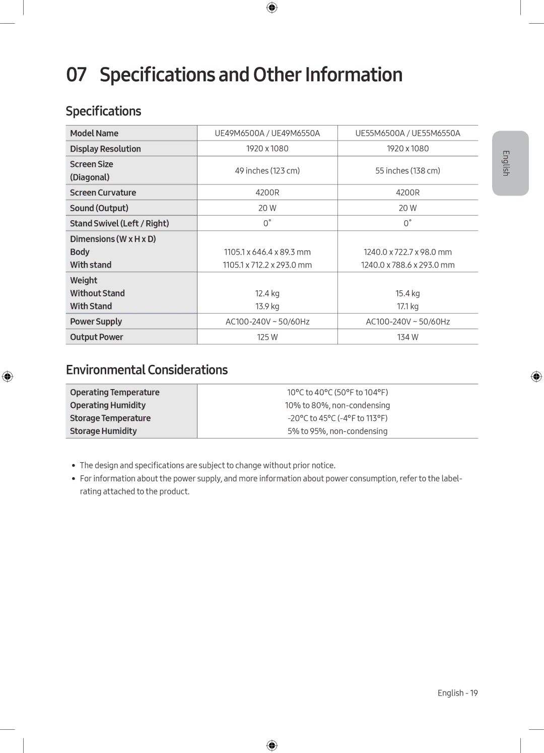 Samsung UE55M6500AUXRU, UE49M6550AUXRU, UE49M6500AUXRU Specifications and Other Information, Environmental Considerations 