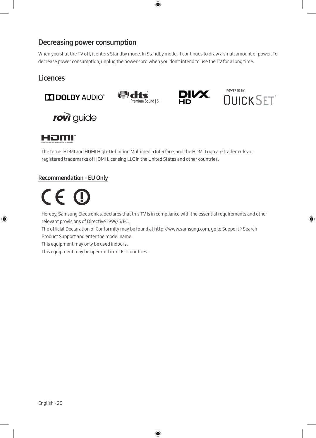 Samsung UE49M6500AUXRU, UE49M6550AUXRU, UE55M6500AUXRU manual Decreasing power consumption, Licences, Recommendation EU Only 