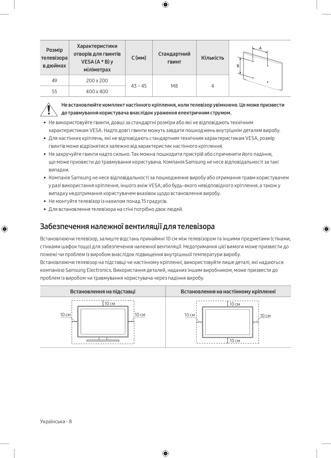 Samsung UE49M6550AUXRU, UE55M6500AUXRU Забезпечення належної вентиляції для телевізора, Гвинт, Встановлення на підставці 