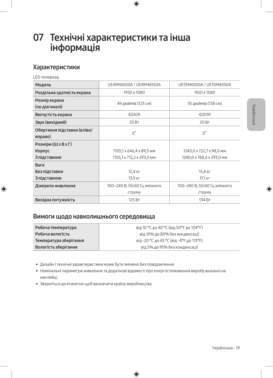 Samsung UE55M6550AUXRU 07 Технічні характеристики та інша інформація, Характеристики, Вимоги щодо навколишнього середовища 