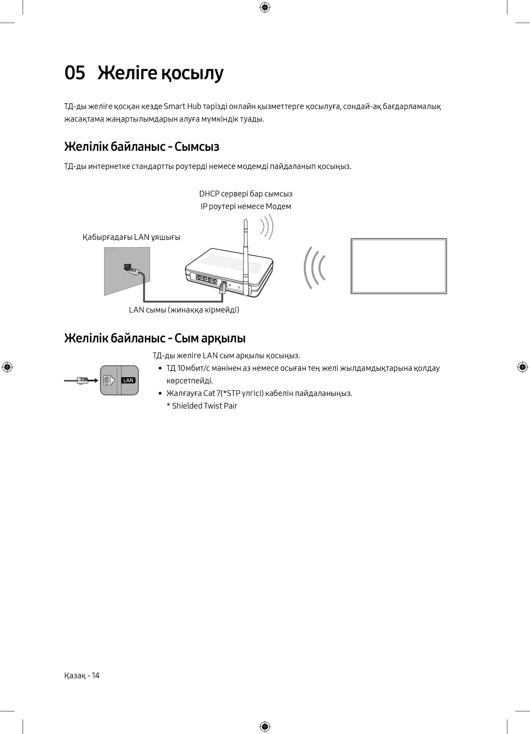 Samsung UE49M6550AUXRU, UE55M6500AUXRU manual 05 Желіге қосылу, Желілік байланыс Сымсыз, Желілік байланыс Сым арқылы 