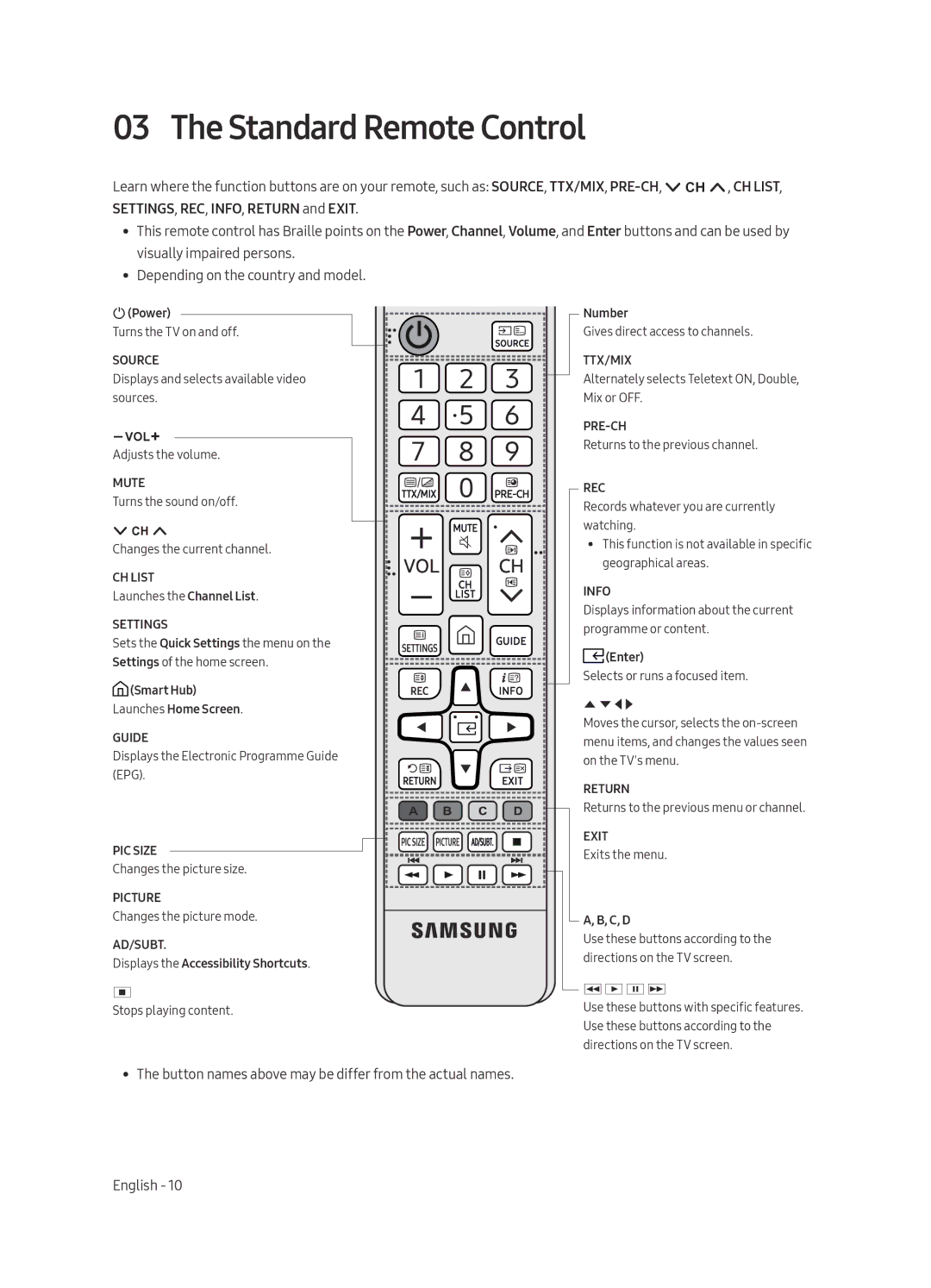 Samsung UE65MU6125KXXC, UE49MU6195UXXC, UE49MU6125KXXC, UE43MU6125KXXC, UE40MU6125KXXC manual Standard Remote Control, Settings 