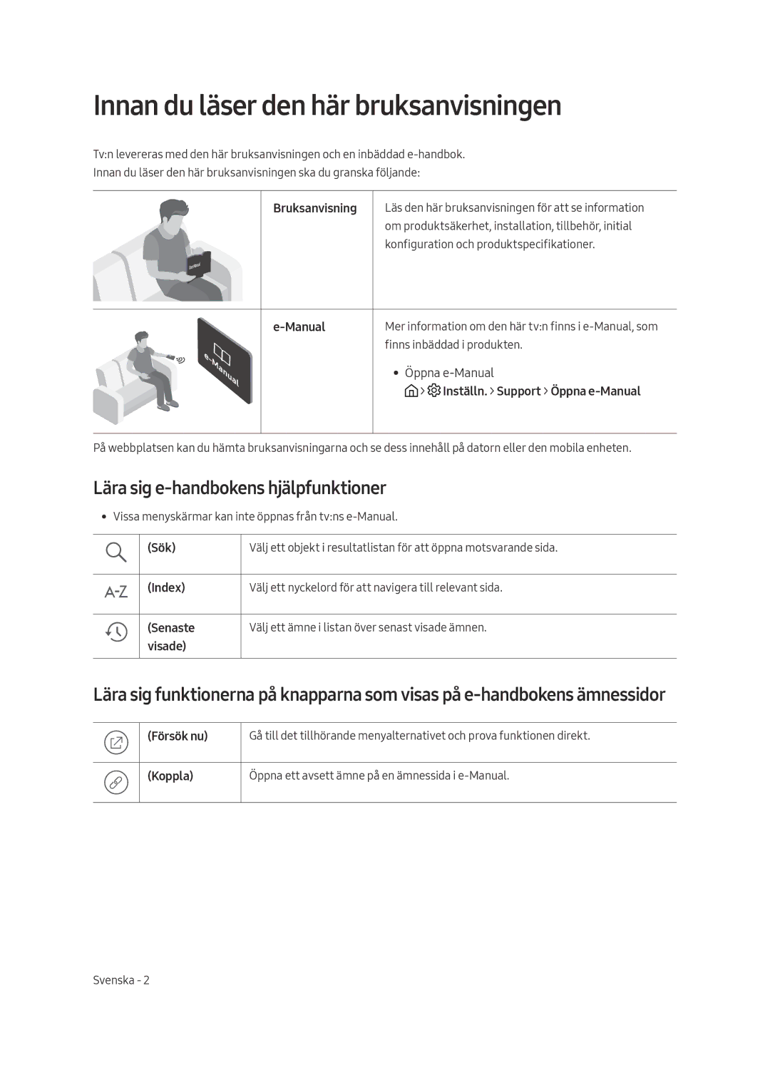 Samsung UE43MU6125KXZT, UE49MU6195UXXC manual Innan du läser den här bruksanvisningen, Lära sig e-handbokens hjälpfunktioner 