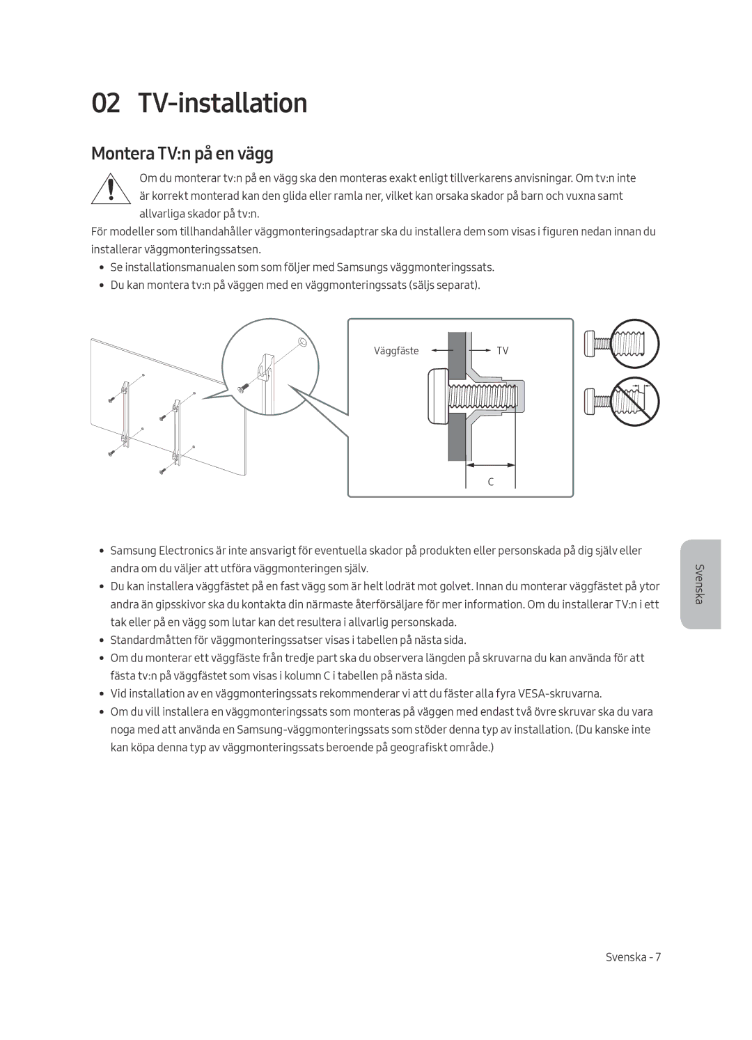 Samsung UE55MU6195UXXC, UE49MU6195UXXC, UE49MU6125KXXC, UE43MU6125KXXC manual TV-installation, Montera TVn på en vägg 