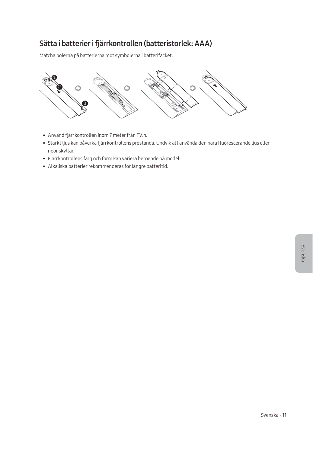 Samsung UE65MU6195UXXC, UE49MU6195UXXC, UE49MU6125KXXC manual Sätta i batterier i fjärrkontrollen batteristorlek AAA 