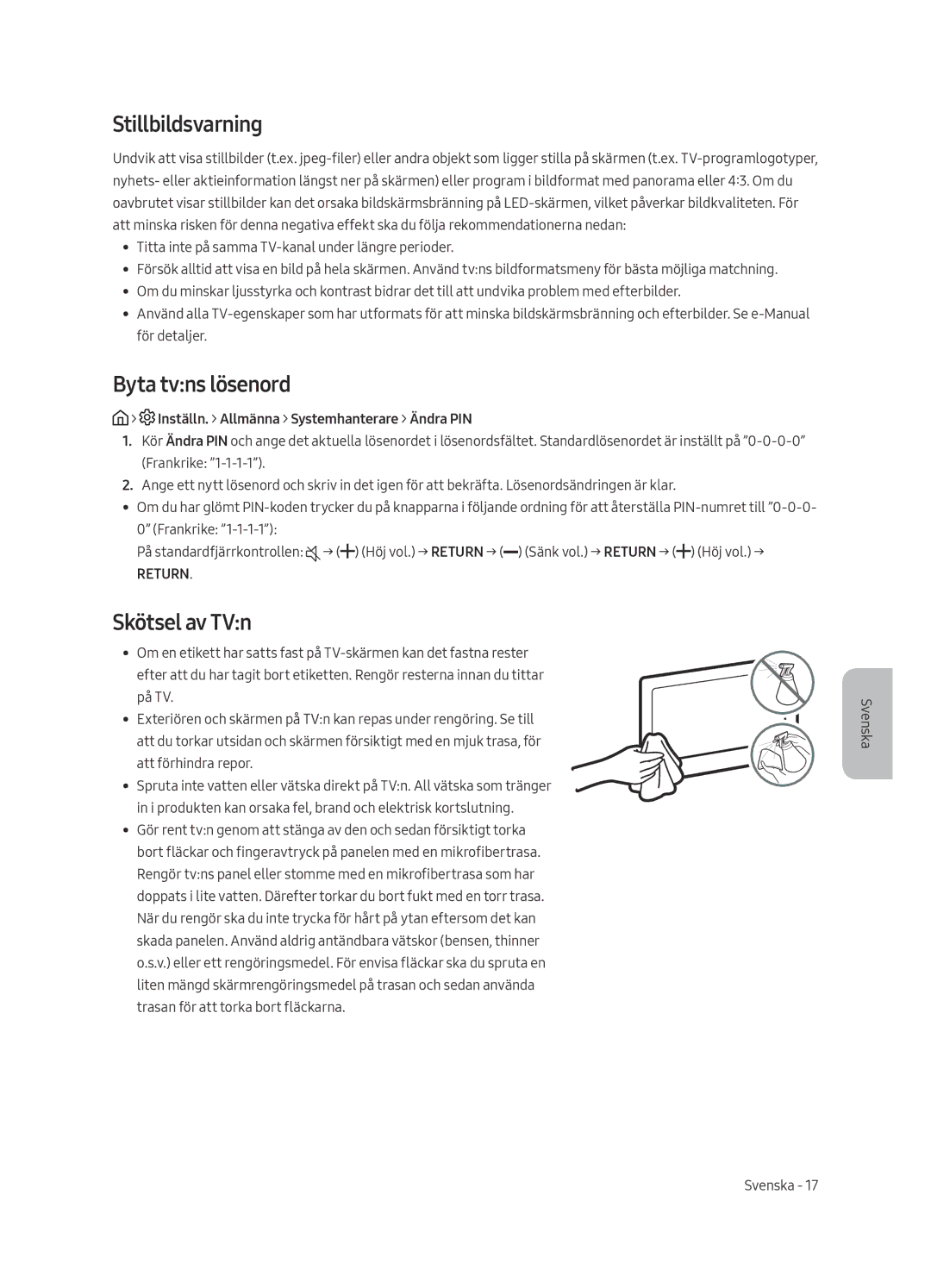 Samsung UE58MU6125KXXC Stillbildsvarning, Byta tvns lösenord, Skötsel av TVn, Inställn. Allmänna Systemhanterare Ändra PIN 