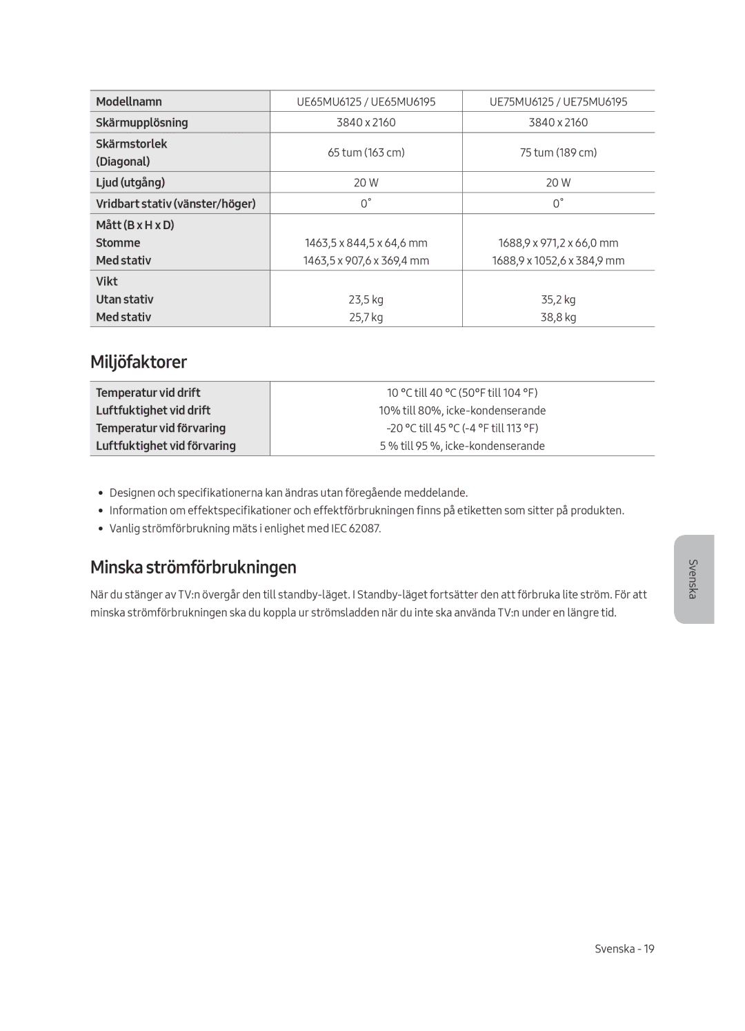 Samsung UE55MU6125KXZT, UE49MU6195UXXC, UE49MU6125KXXC, UE43MU6125KXXC manual Miljöfaktorer, Minska strömförbrukningen 