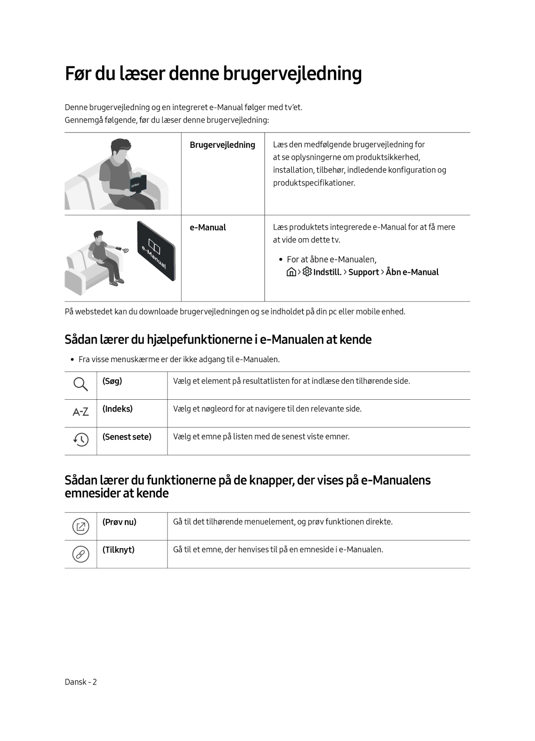 Samsung UE65MU6125KXXC manual Før du læser denne brugervejledning, Sådan lærer du hjælpefunktionerne i e-Manualen at kende 