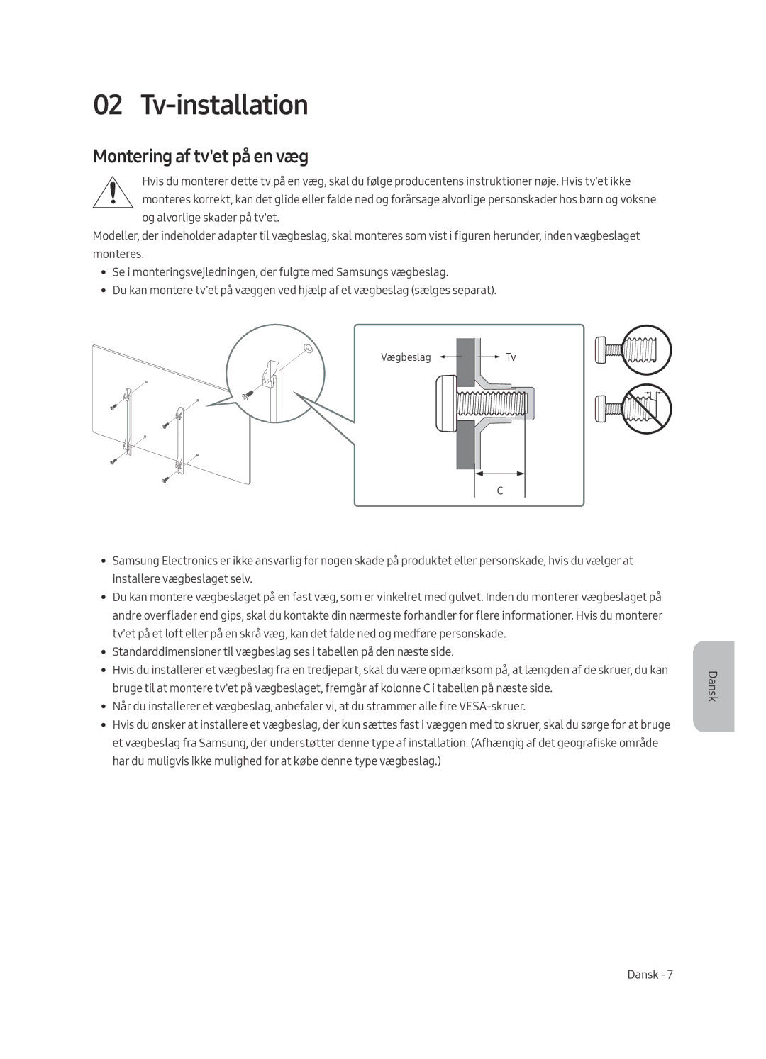 Samsung UE65MU6195UXXC, UE49MU6195UXXC, UE49MU6125KXXC, UE43MU6125KXXC manual Tv-installation, Montering af tvet på en væg 