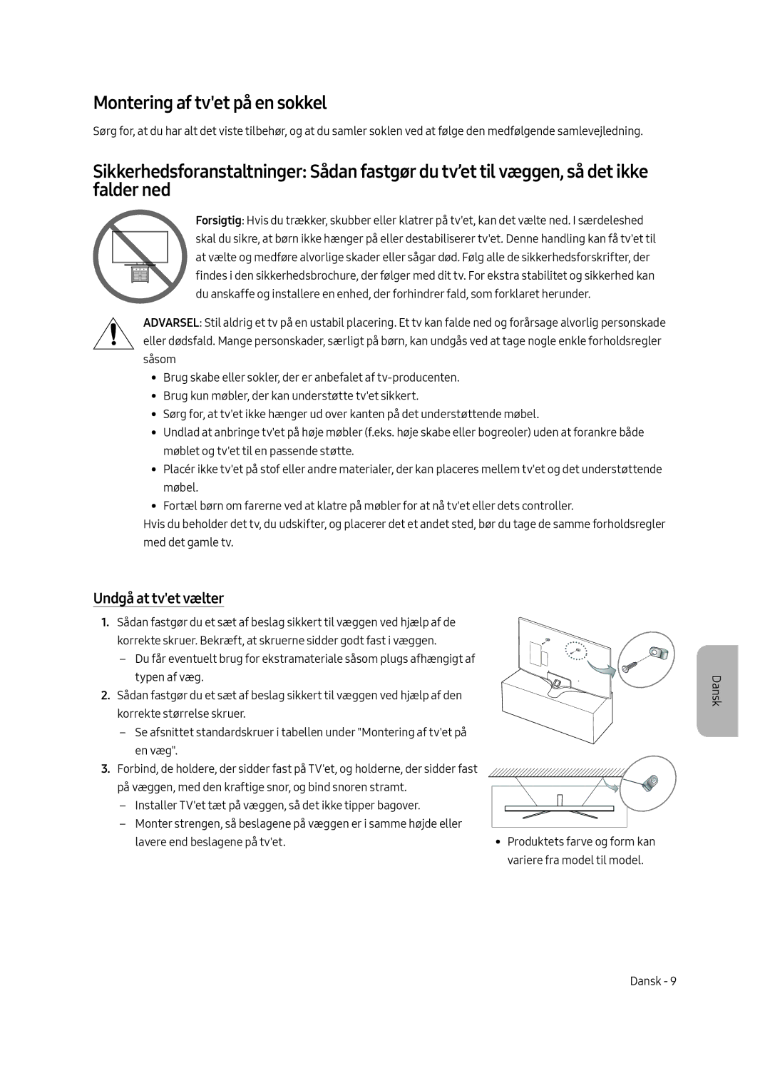 Samsung UE49MU6125KXXC, UE49MU6195UXXC, UE43MU6125KXXC, UE40MU6125KXXC Montering af tvet på en sokkel, Undgå at tvet vælter 