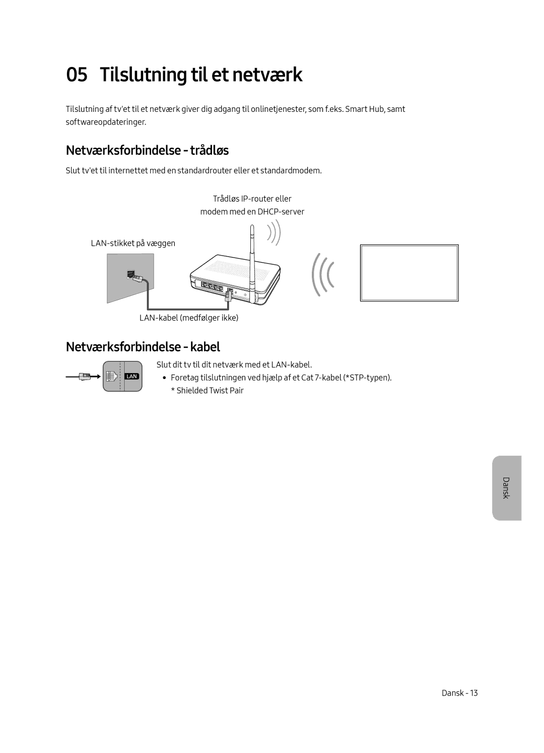 Samsung UE58MU6125KXXC, UE49MU6195UXXC Tilslutning til et netværk, Netværksforbindelse trådløs, Netværksforbindelse kabel 