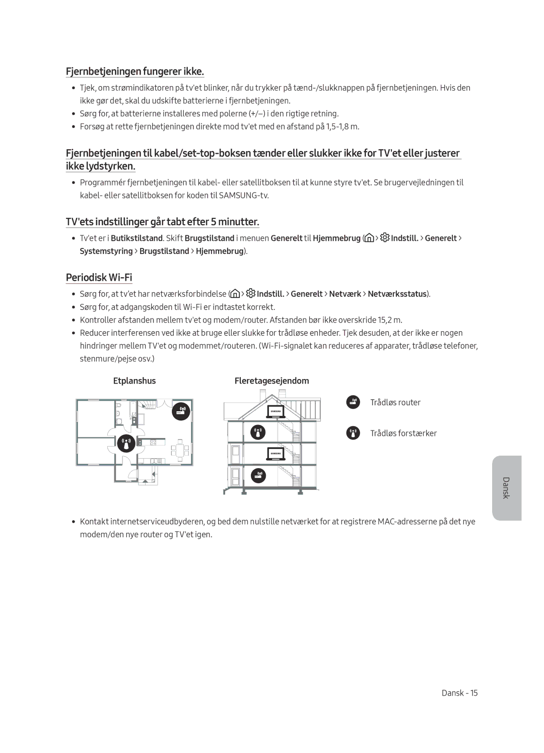 Samsung UE55MU6125KXZT Fjernbetjeningen fungerer ikke, TVets indstillinger går tabt efter 5 minutter, Periodisk Wi-Fi 