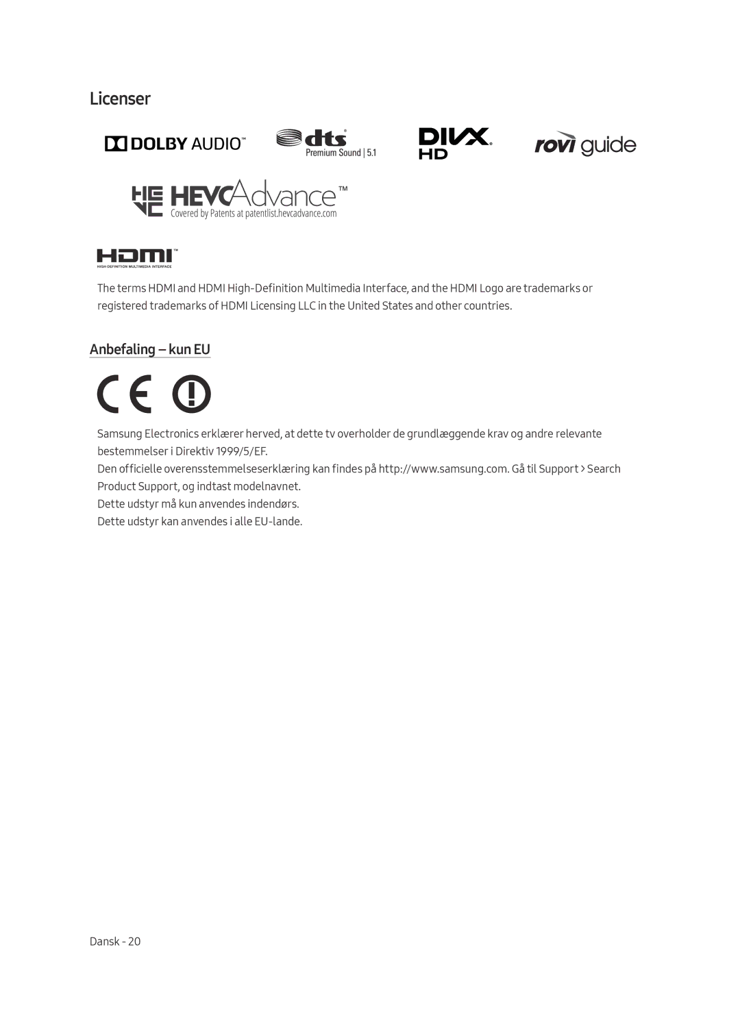 Samsung UE40MU6195UXXC, UE49MU6195UXXC, UE49MU6125KXXC, UE43MU6125KXXC, UE40MU6125KXXC manual Licenser, Anbefaling kun EU 