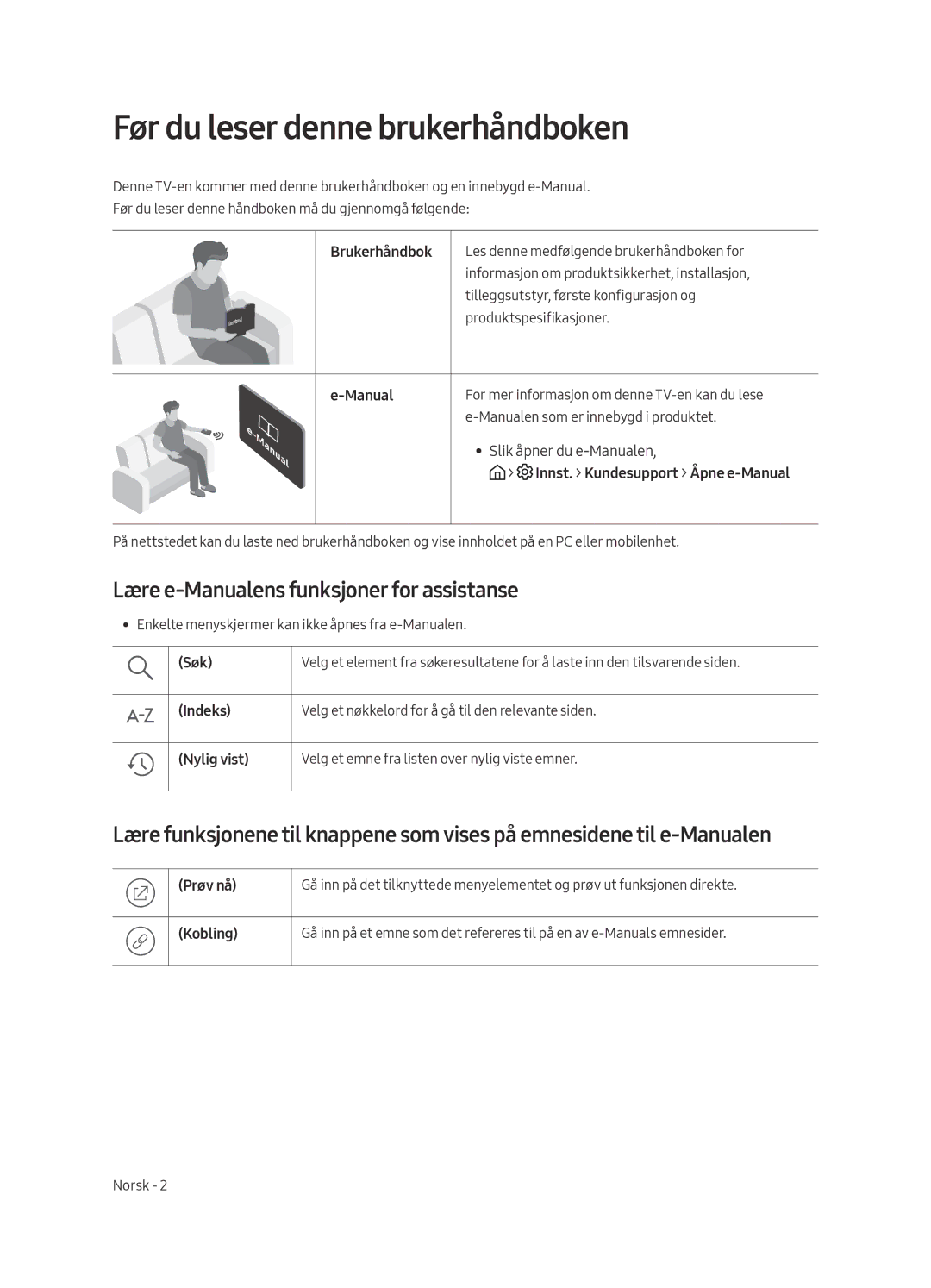 Samsung UE43MU6195UXXC, UE49MU6195UXXC manual Før du leser denne brukerhåndboken, Lære e-Manualens funksjoner for assistanse 