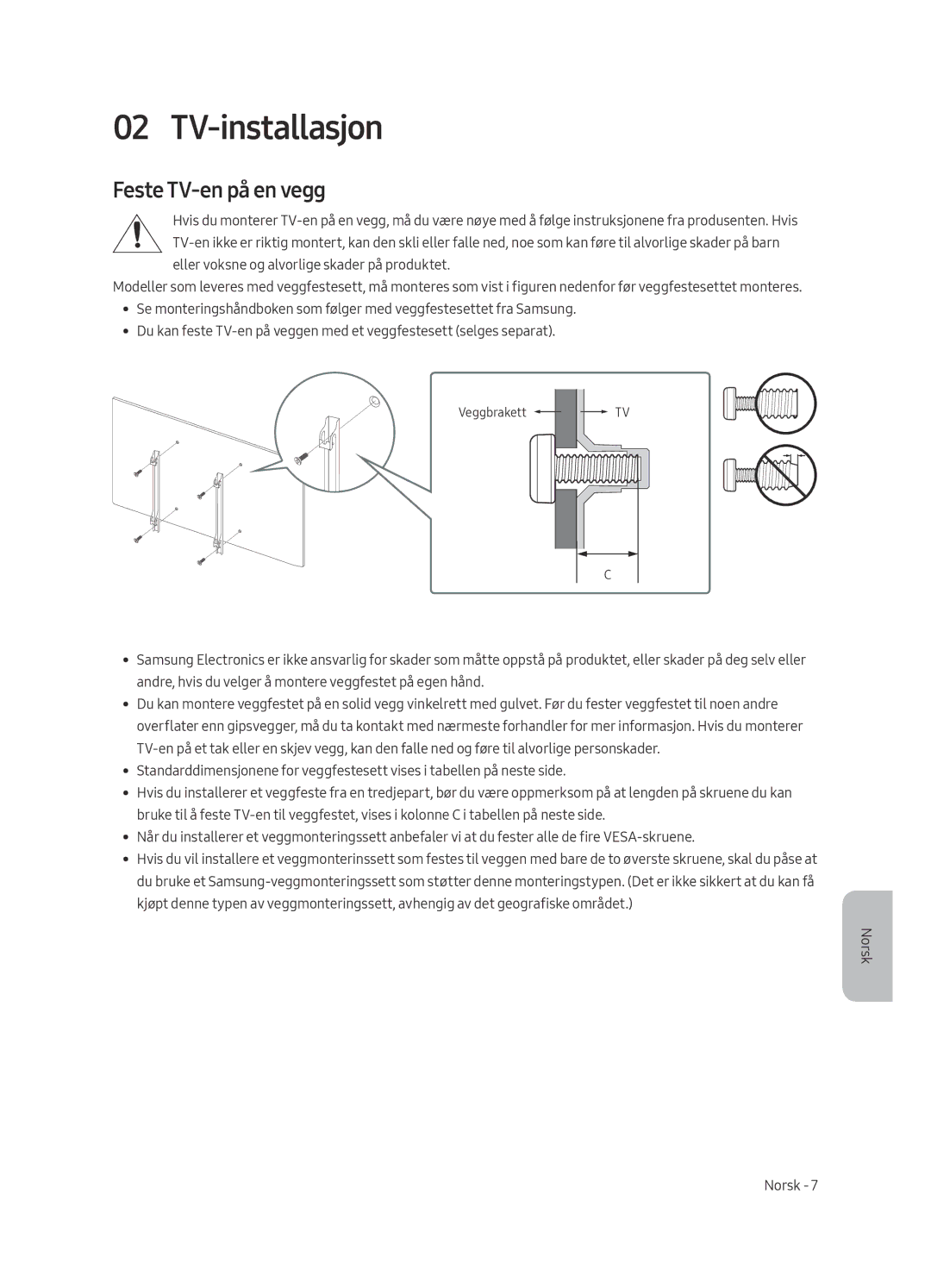 Samsung UE40MU6125KXXC, UE49MU6195UXXC, UE49MU6125KXXC, UE43MU6125KXXC manual TV-installasjon, Feste TV-en på en vegg 