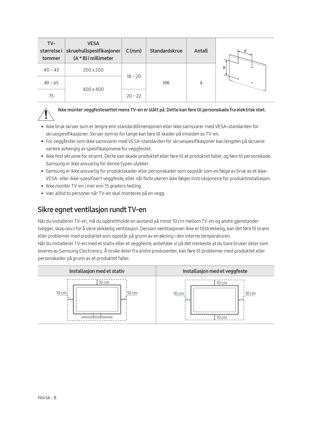 Samsung UE50MU6125KXXC, UE49MU6195UXXC, UE49MU6125KXXC, UE43MU6125KXXC manual Sikre egnet ventilasjon rundt TV-en, Antall 