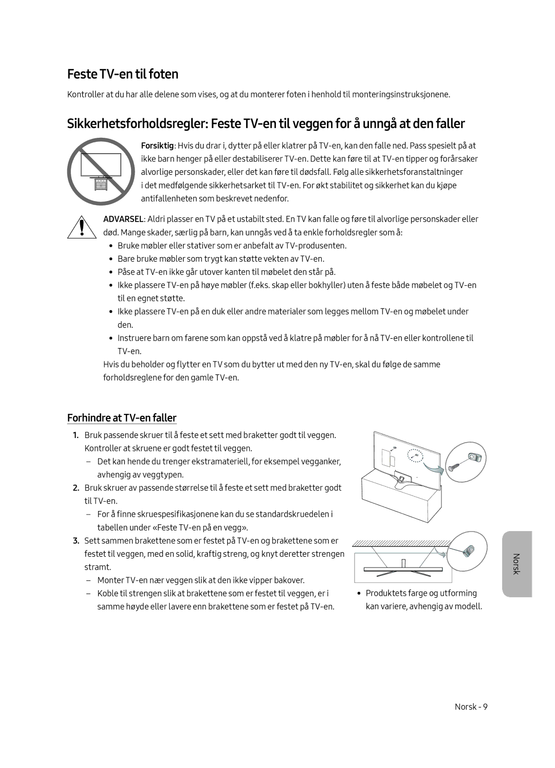 Samsung UE58MU6125KXXC, UE49MU6195UXXC, UE49MU6125KXXC, UE43MU6125KXXC manual Feste TV-en til foten, Forhindre at TV-en faller 