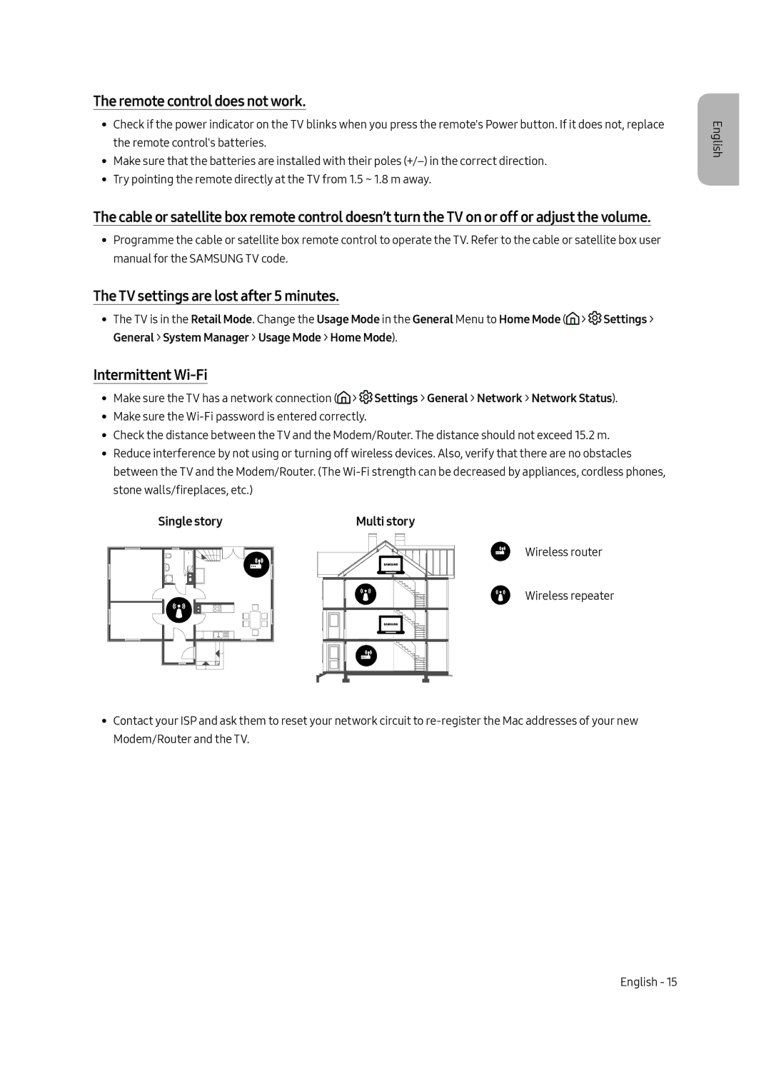 Samsung UE65MU6195UXXC manual Remote control does not work, TV settings are lost after 5 minutes, Intermittent Wi-Fi 