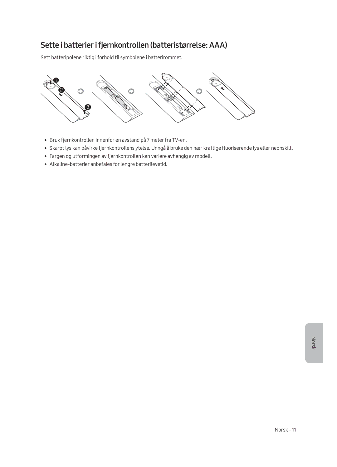 Samsung UE55MU6125KXZT, UE49MU6195UXXC, UE49MU6125KXXC manual Sette i batterier i fjernkontrollen batteristørrelse AAA 