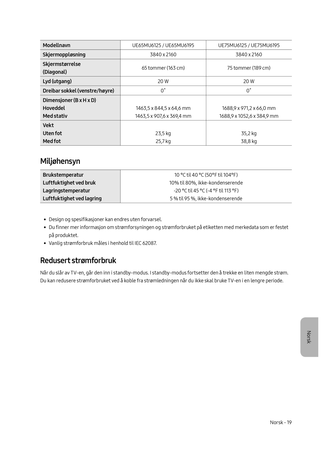 Samsung UE65MU6195UXXC, UE49MU6195UXXC, UE49MU6125KXXC, UE43MU6125KXXC, UE40MU6125KXXC Miljøhensyn, Redusert strømforbruk 