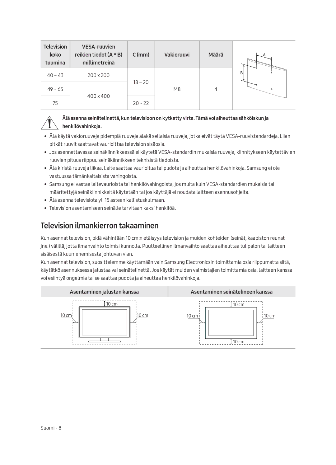 Samsung UE65MU6125KXZT Television ilmankierron takaaminen, Television VESA-ruuvien, Asentaminen jalustan kanssa, Määrä 