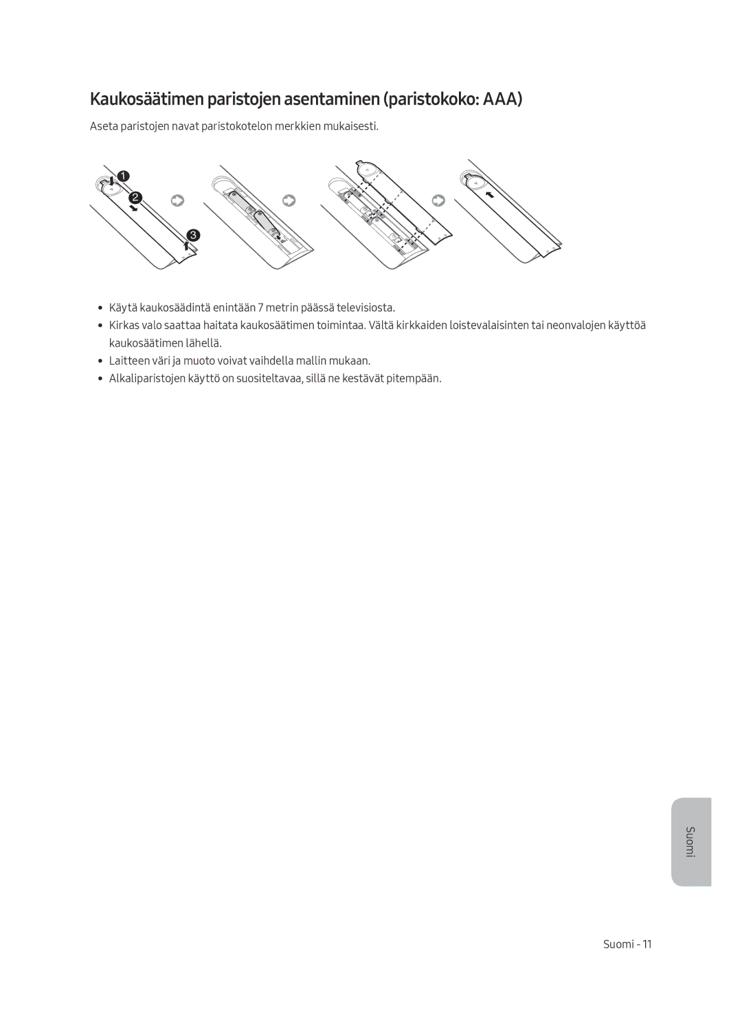 Samsung UE55MU6195UXXC, UE49MU6195UXXC, UE49MU6125KXXC, UE43MU6125KXXC Kaukosäätimen paristojen asentaminen paristokoko AAA 