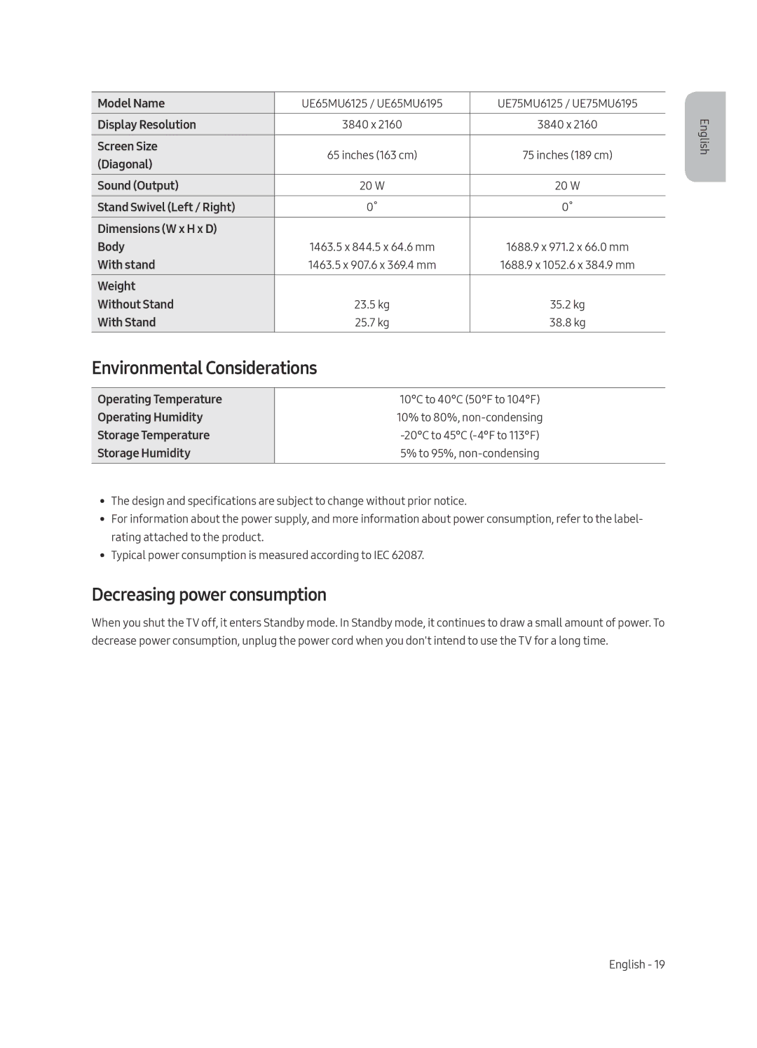 Samsung UE40MU6125KXXC, UE49MU6195UXXC, UE49MU6125KXXC manual Environmental Considerations, Decreasing power consumption 