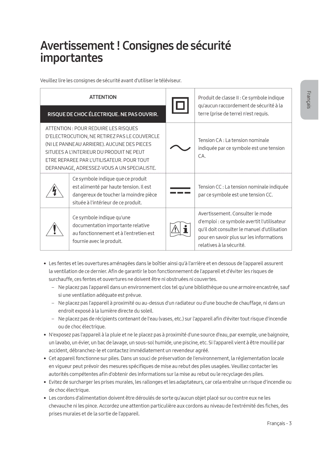 Samsung UE55MU6125KXZT manual Avertissement ! Consignes de sécurité importantes, Risque DE Choc ÉLECTRIQUE. NE PAS Ouvrir 