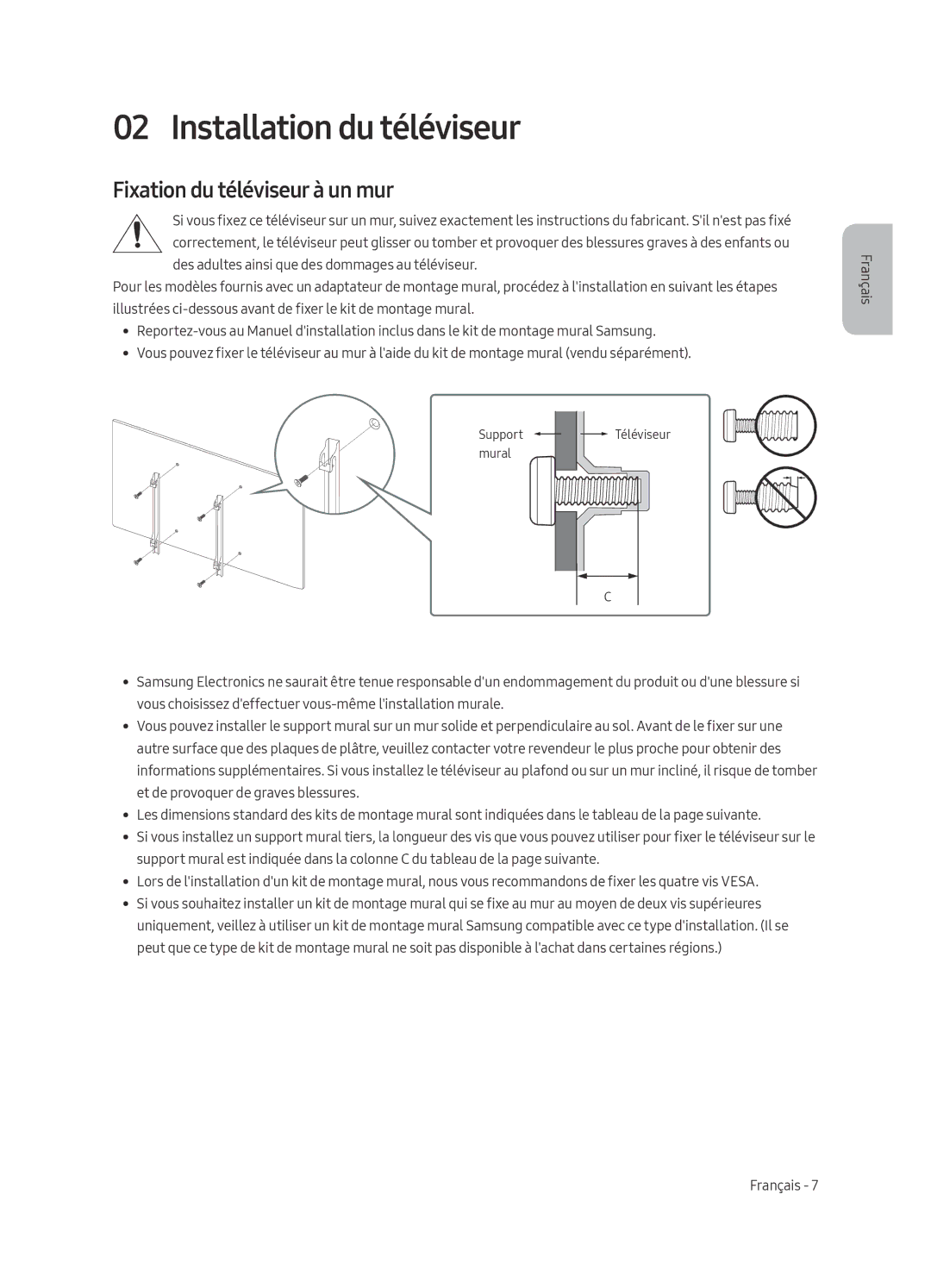 Samsung UE55MU6195UXXC, UE49MU6195UXXC, UE49MU6125KXXC manual Installation du téléviseur, Fixation du téléviseur à un mur 