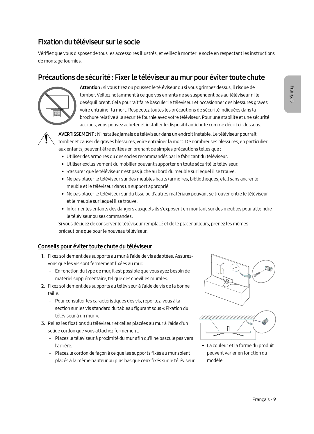 Samsung UE75MU6125KXXC, UE49MU6195UXXC Fixation du téléviseur sur le socle, Conseils pour éviter toute chute du téléviseur 