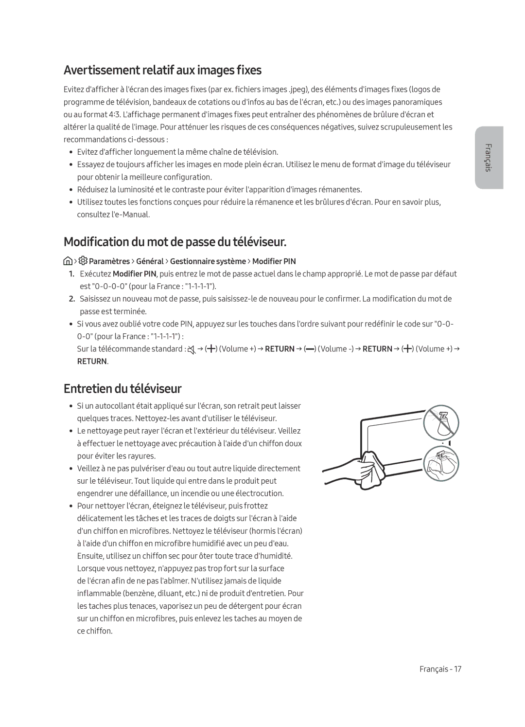 Samsung UE58MU6125KXXC, UE49MU6195UXXC Avertissement relatif aux images fixes, Modification du mot de passe du téléviseur 