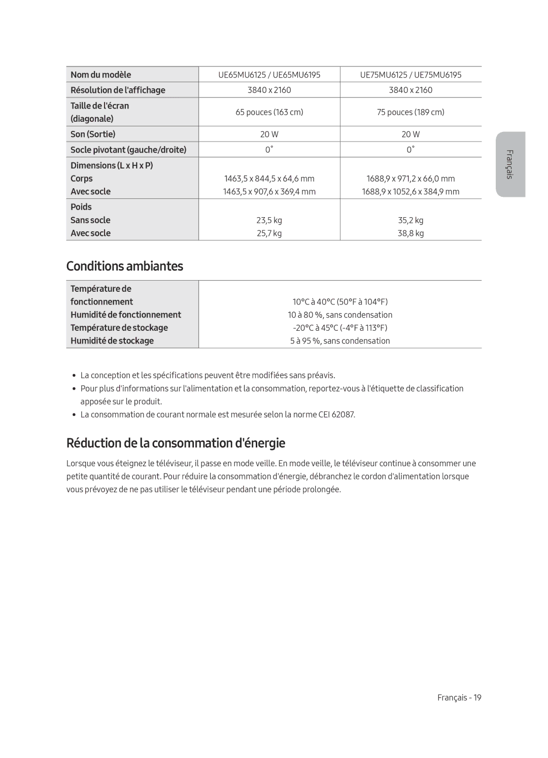 Samsung UE55MU6125KXZT, UE49MU6195UXXC, UE49MU6125KXXC manual Conditions ambiantes, Réduction de la consommation dénergie 