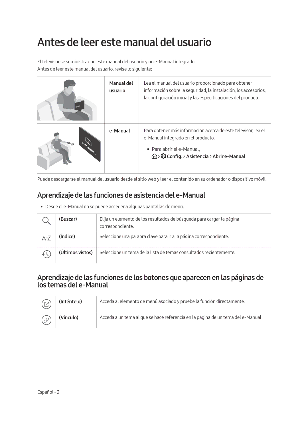 Samsung UE65MU6125KXXC Antes de leer este manual del usuario, Aprendizaje de las funciones de asistencia del e-Manual 