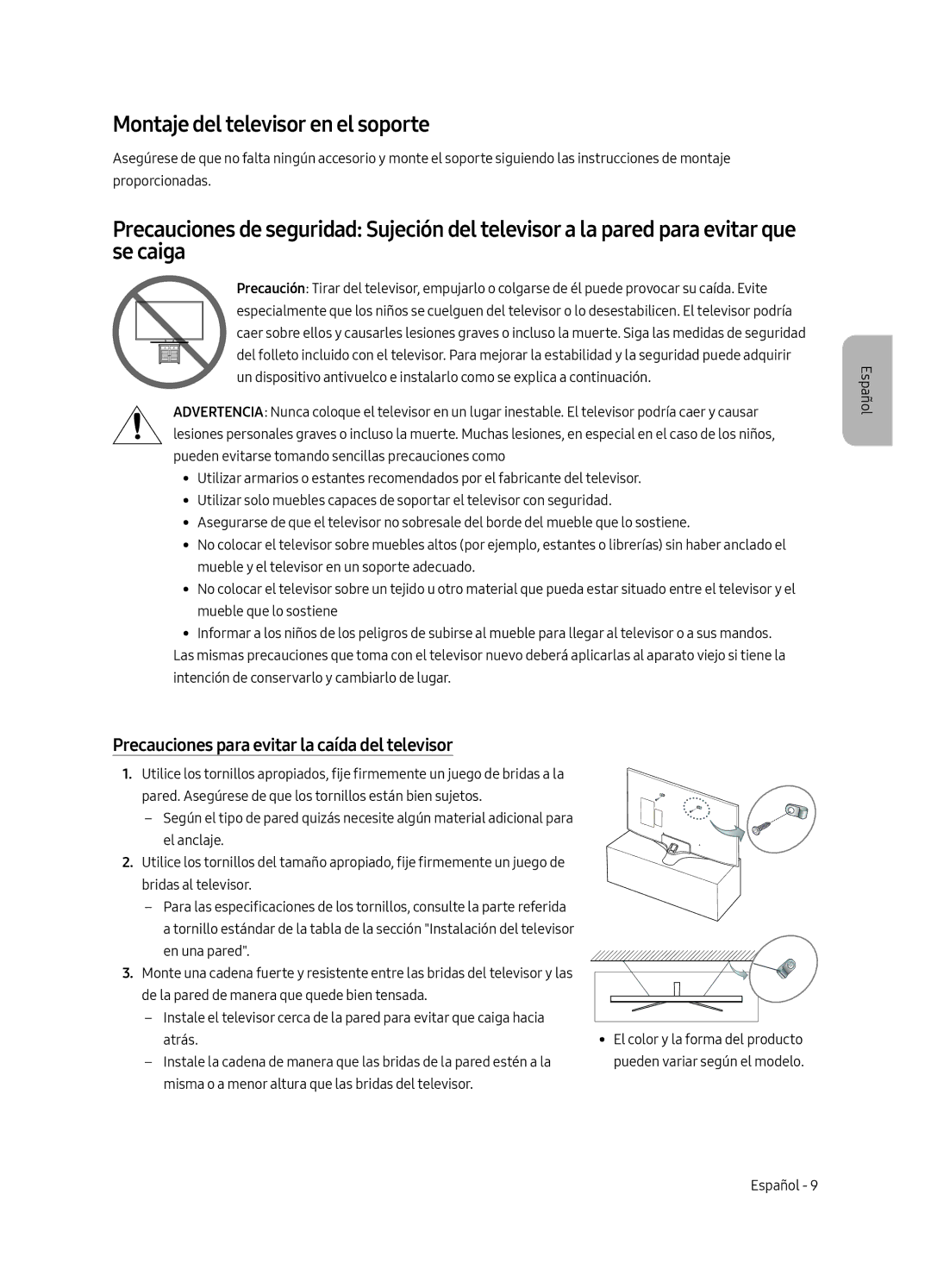 Samsung UE49MU6125KXXC manual Montaje del televisor en el soporte, Precauciones para evitar la caída del televisor 