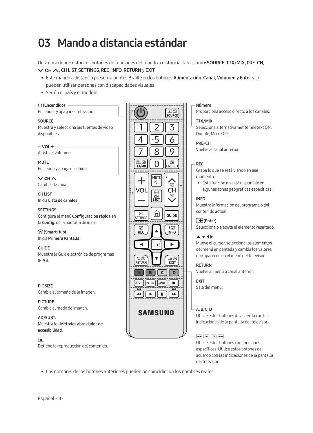 Samsung UE43MU6125KXXC, UE49MU6195UXXC, UE49MU6125KXXC, UE40MU6125KXXC, UE50MU6125KXXC manual Mando a distancia estándar 