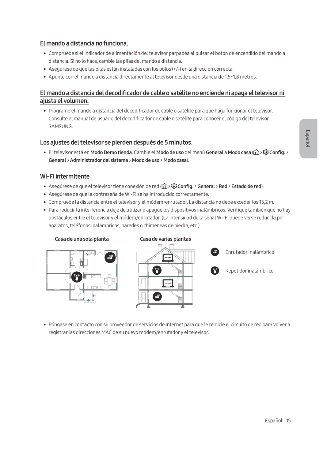 Samsung UE55MU6125KXZT manual El mando a distancia no funciona, Los ajustes del televisor se pierden después de 5 minutos 