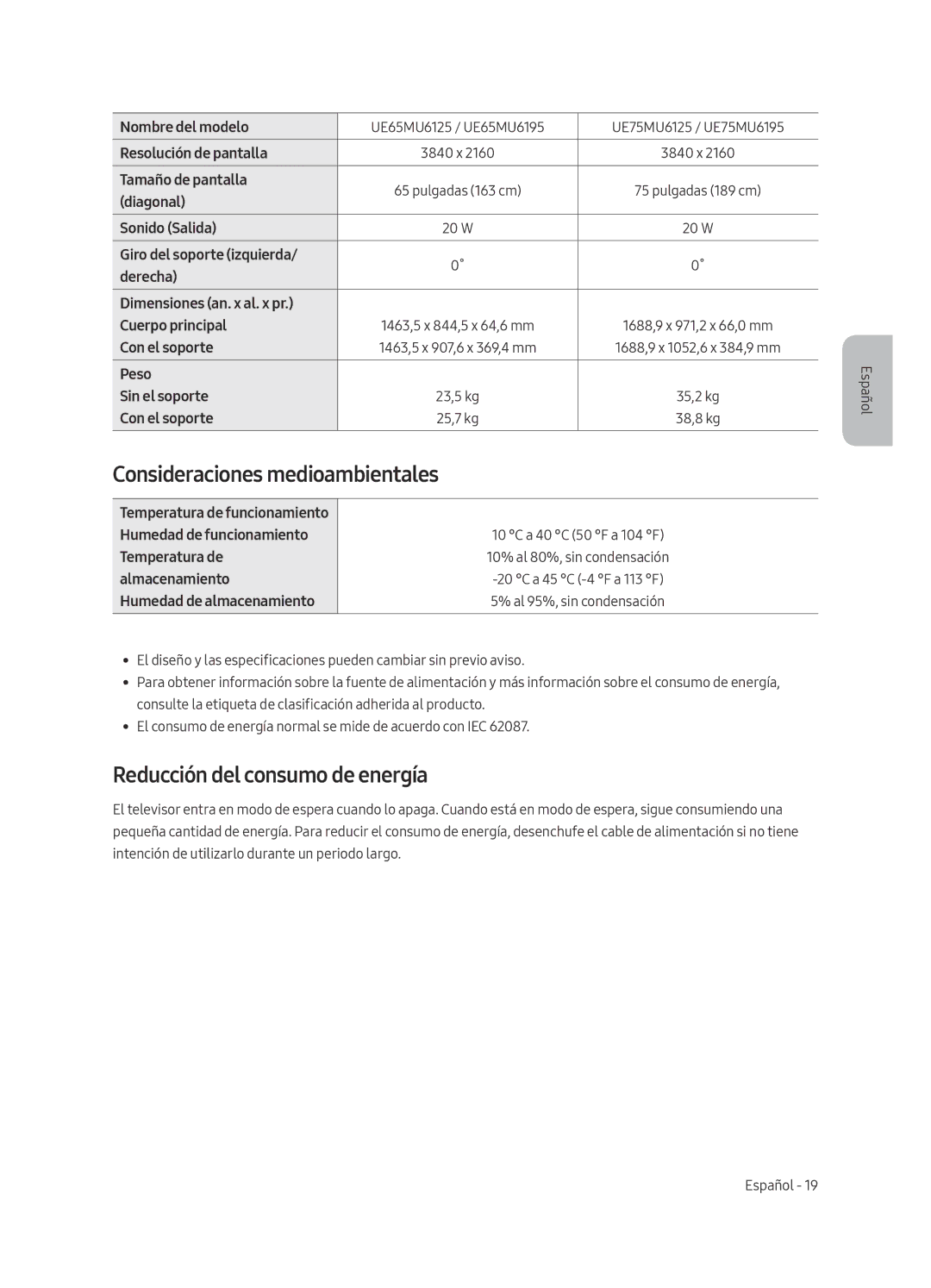 Samsung UE55MU6195UXXC, UE49MU6195UXXC, UE49MU6125KXXC Consideraciones medioambientales, Reducción del consumo de energía 