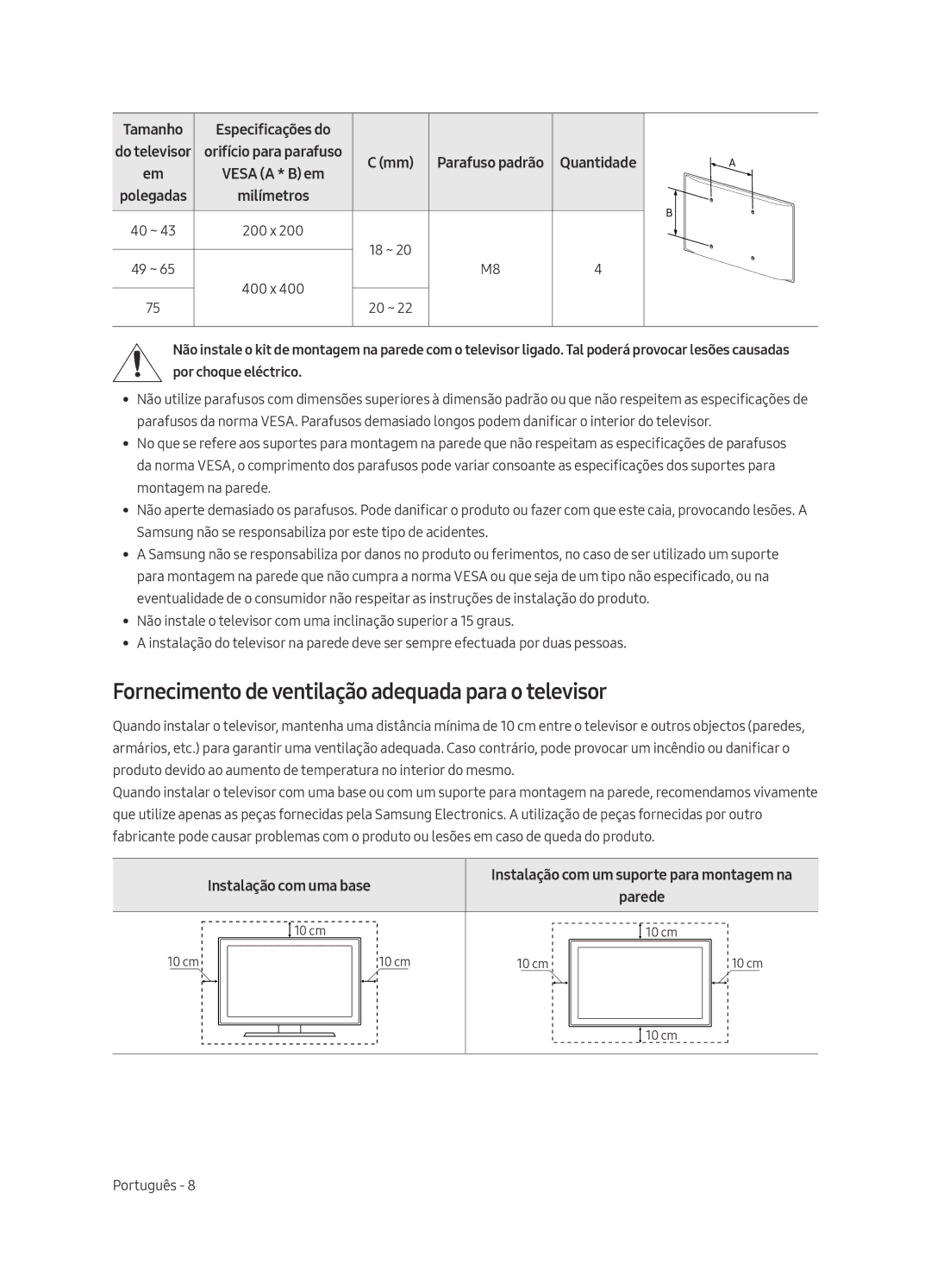 Samsung UE50MU6125KXXC, UE49MU6195UXXC manual Fornecimento de ventilação adequada para o televisor, Instalação com uma base 