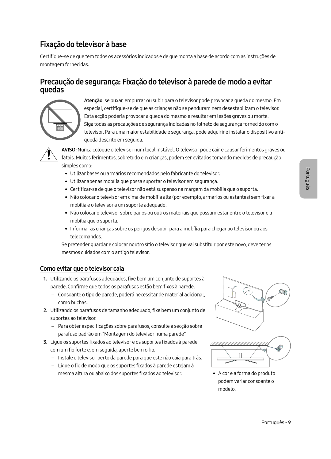 Samsung UE58MU6125KXXC, UE49MU6195UXXC, UE49MU6125KXXC manual Fixação do televisor à base, Como evitar que o televisor caia 