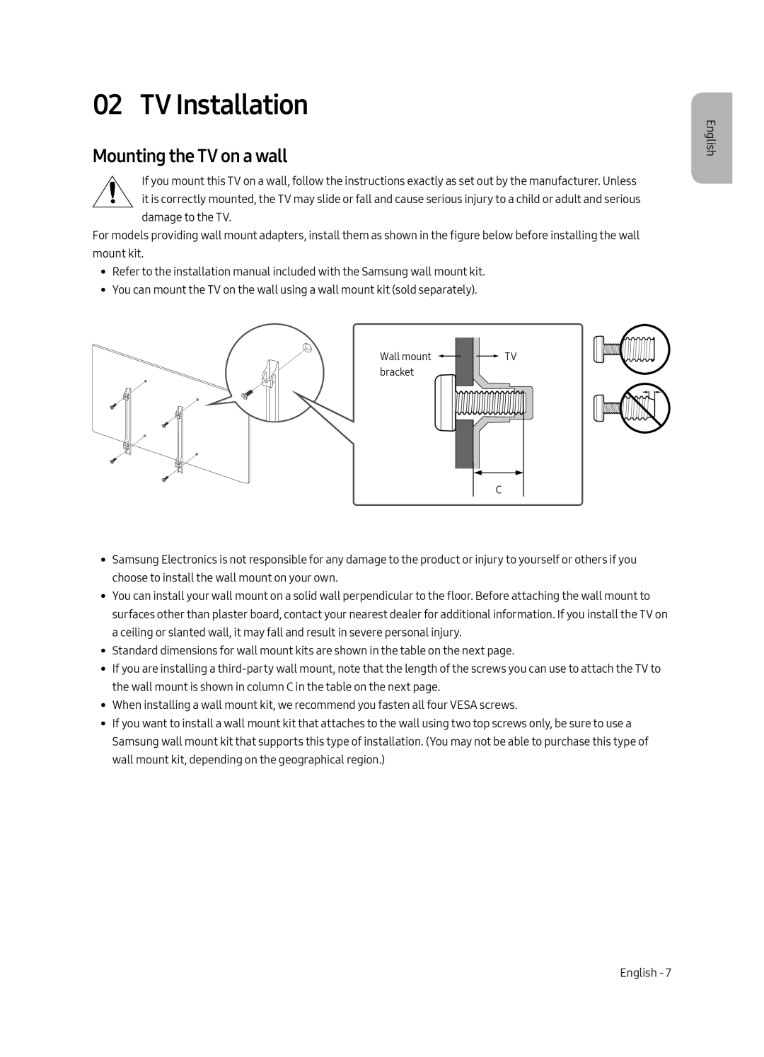 Samsung UE55MU6125KXZT, UE49MU6195UXXC, UE49MU6125KXXC, UE43MU6125KXXC manual TV Installation, Mounting the TV on a wall 