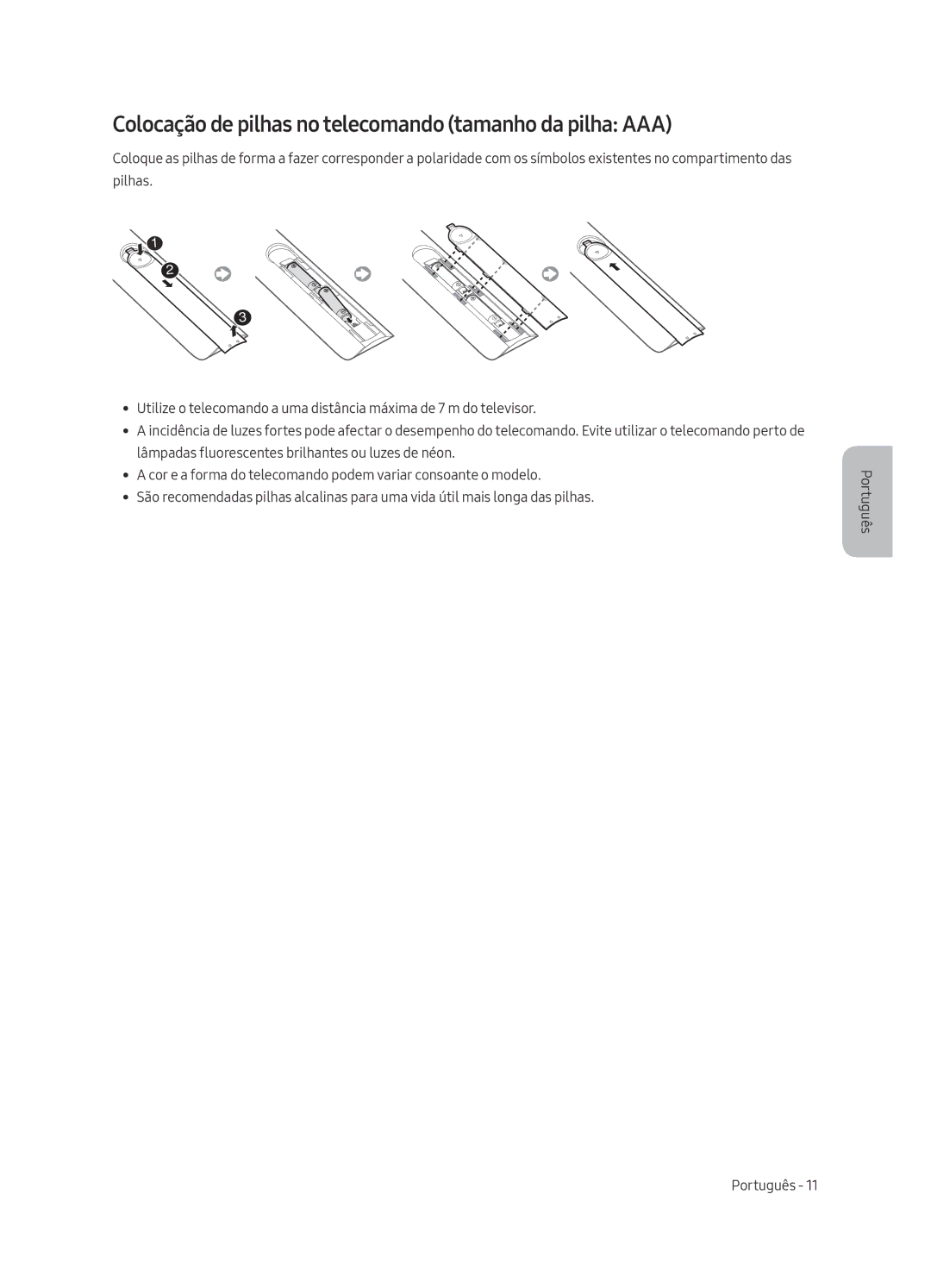 Samsung UE55MU6125KXZT, UE49MU6195UXXC, UE49MU6125KXXC manual Colocação de pilhas no telecomando tamanho da pilha AAA 