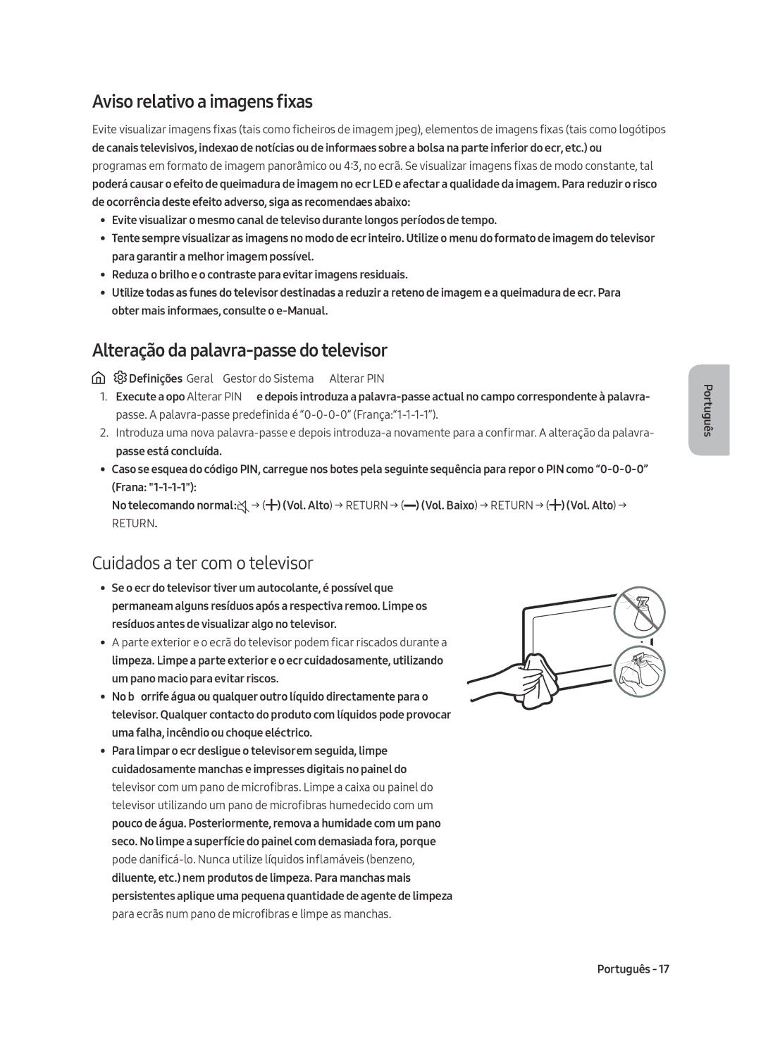 Samsung UE75MU6125KXXC, UE49MU6195UXXC manual Aviso relativo a imagens fixas, Alteração da palavra-passe do televisor 