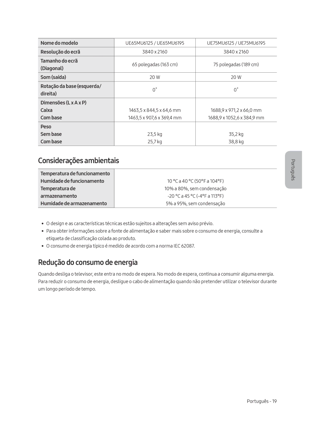 Samsung UE65MU6195UXXC Considerações ambientais, Redução do consumo de energia, Humidade de funcionamento, Armazenamento 